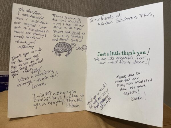 handwritten card from the Woodcock Nature Center staff and volunteers
