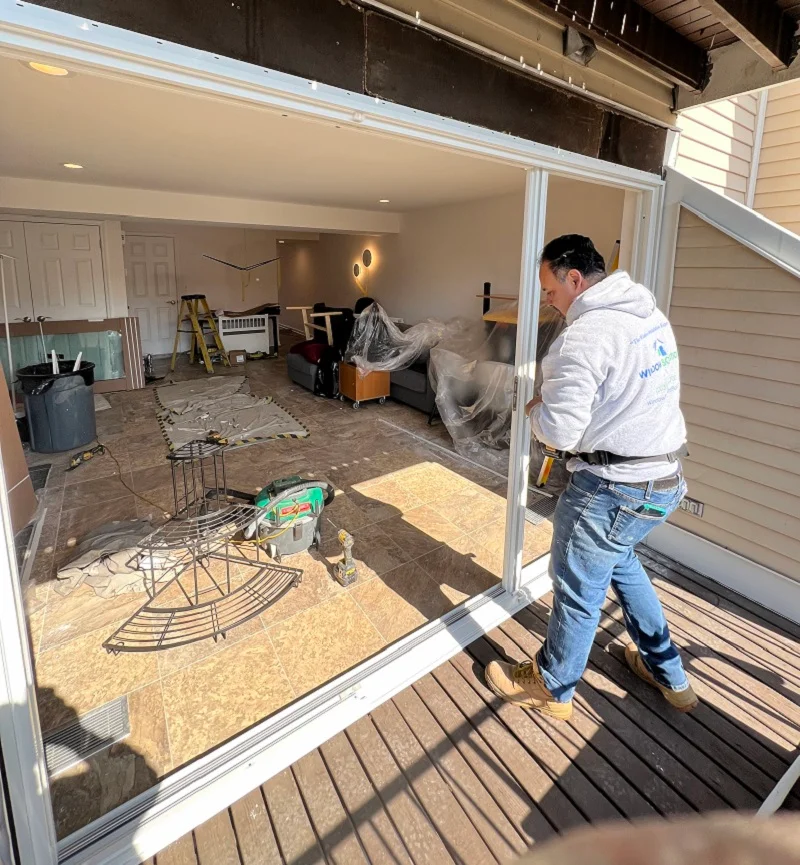 A Window Solutions Plus master carpenter installing a triple gliding patio door in Stamford