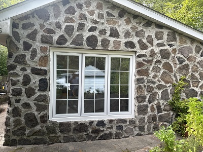 Bow to Flat Triple Casement Window Conversion Project using Harvey Vinyl in Buchannan, NY